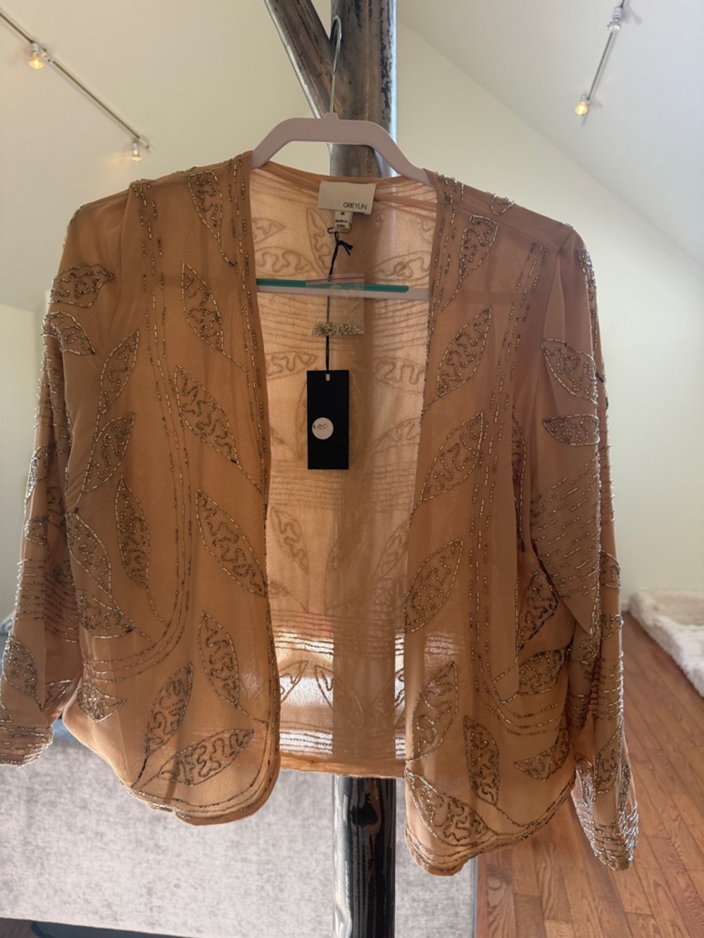Greylin Beaded Open-Front Sheer Jacket in nude/tan